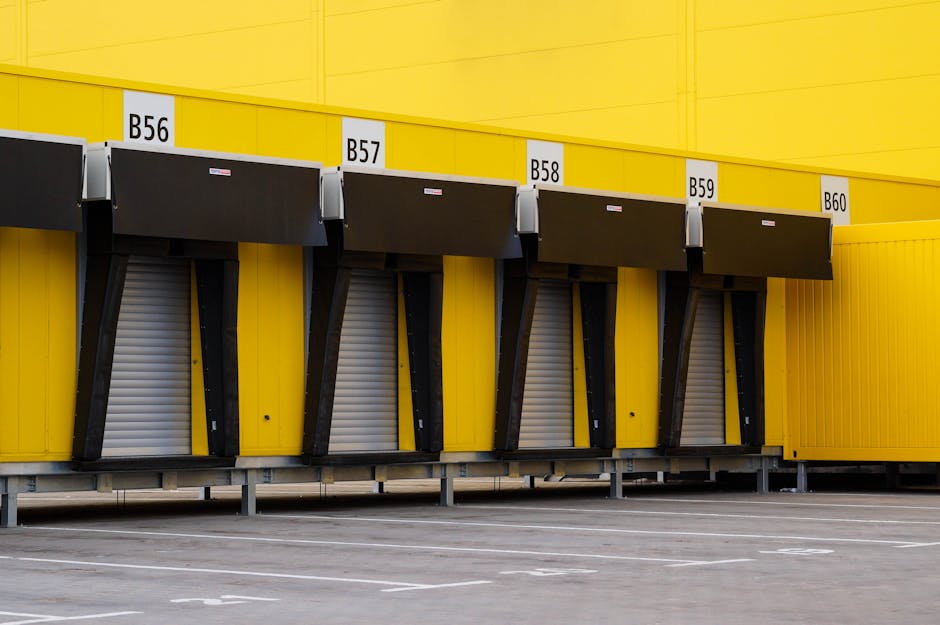 A row of four loading bays with black retractable dock shelters mounted on a bright yellow warehouse exterior, labelled B56, B57, B58, and B59. The bays are positioned at ground level with grey rolling shutters underneath each shelter, and the pavement in front is marked with white parking lines. The scene is well-lit with natural daylight, and the image is captured from a straight-on perspective. This setting depicts a typical industrial or commercial loading area, relevant to household or business relocations involving furniture or equipment transport, supported by the example of Man With a Van Paddington's house removal services.